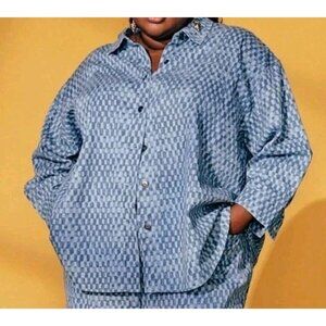 Future collective women button lightweight shirt blue abstract 3XL over layer